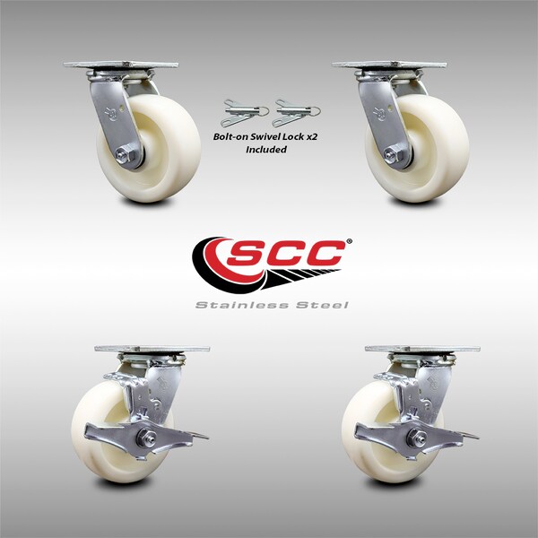 Service Caster 5 Inch Stainless Steel Nylon Caster Set with Roll Bearings 2 Swivel Lock 2 Brake SCC-SS30S520-NYR-BSL-2-TLB-2 - main